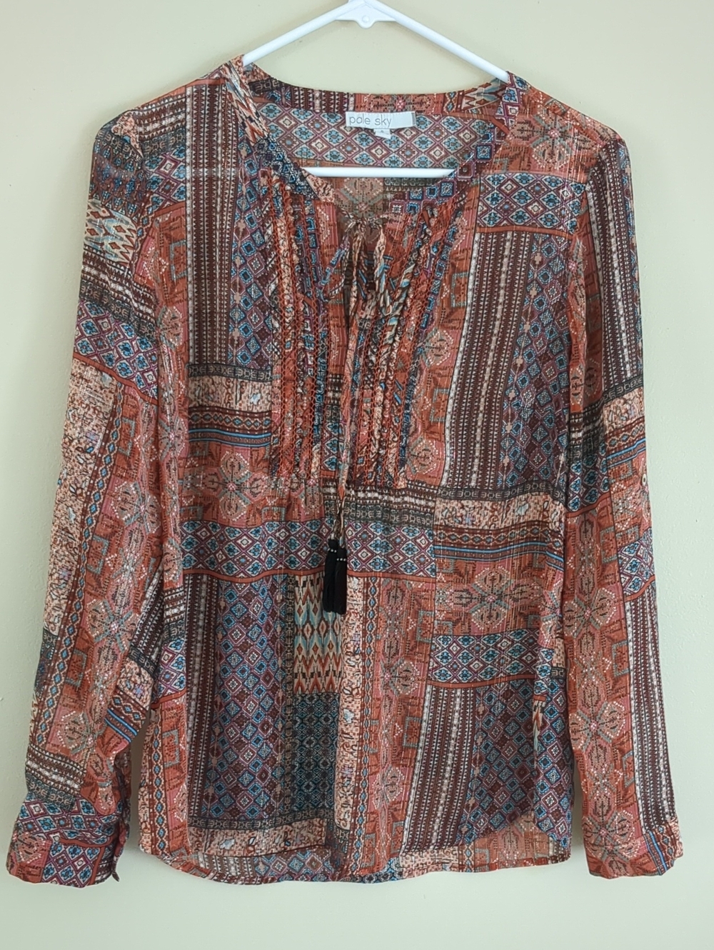 Small Pale Sky Semisheer Boho Tassel Metallic Threading Shirt Top